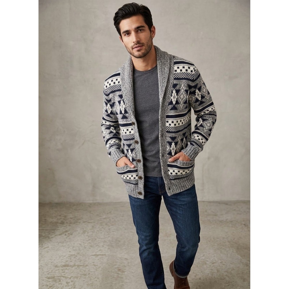 American Eagle Cardigan Mens S Shawl Neck Fair Isle Wool Blend Nordic Ski Cabin